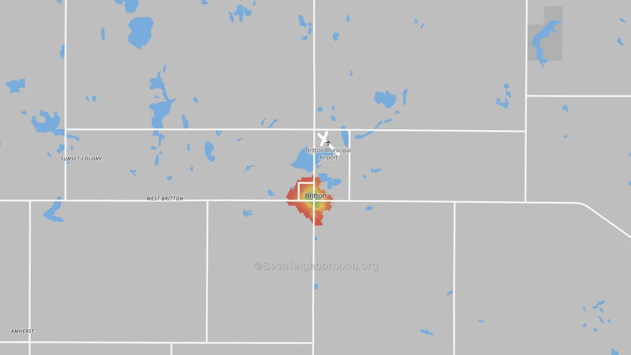 Walk Grade map of 57430, SD, walkable areas in green and car-dependent areas in red