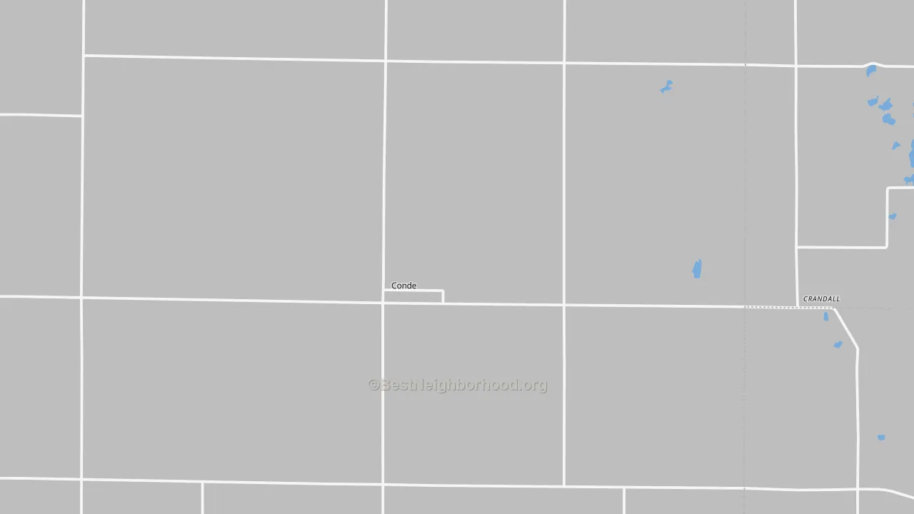 Walk Grade map of 57434, SD, walkable areas in green and car-dependent areas in red