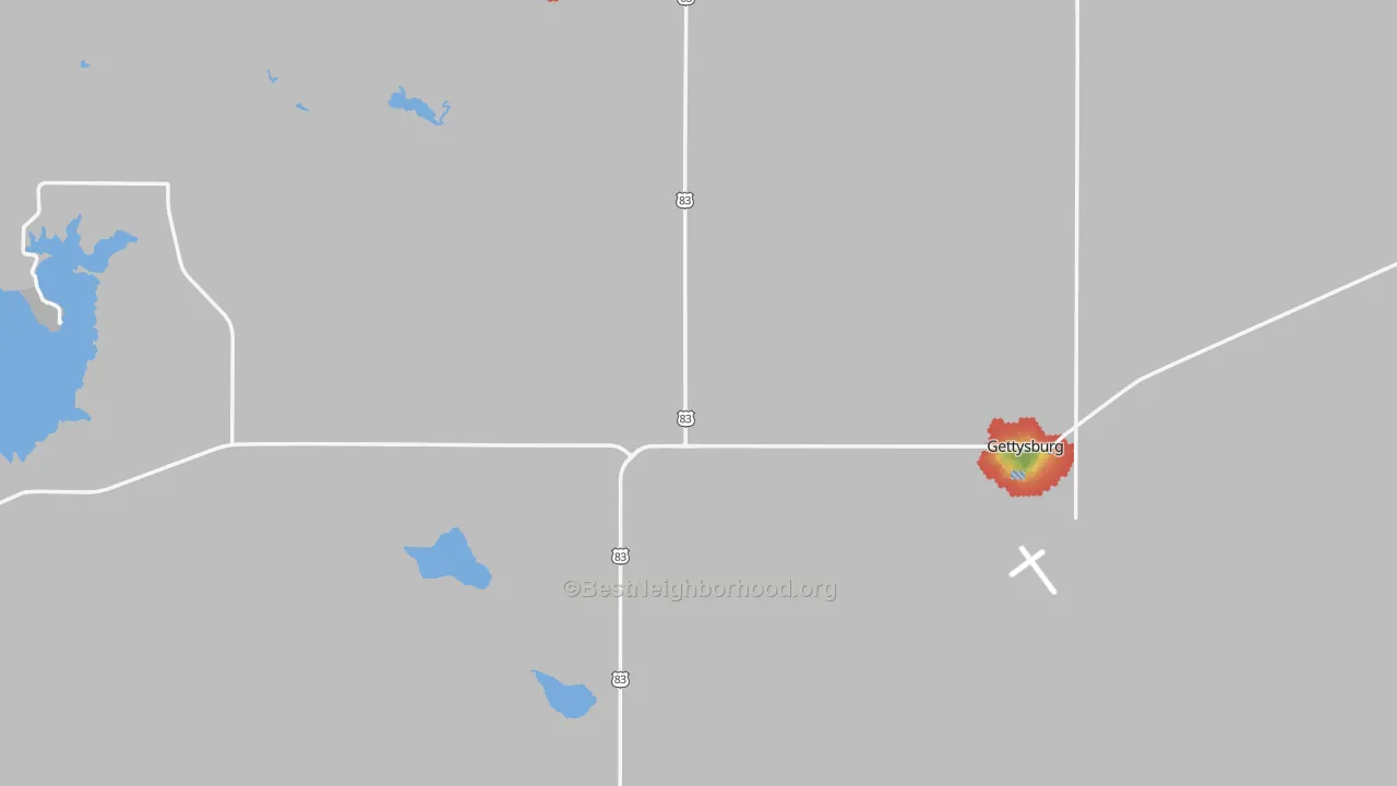 Walk Grade map of 57442, SD, walkable areas in green and car-dependent areas in red