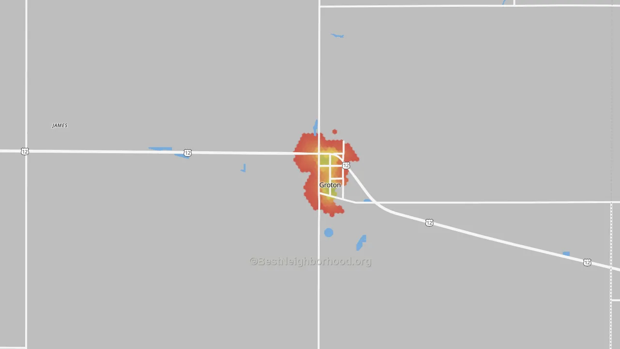 Walk Grade map of 57445, SD, walkable areas in green and car-dependent areas in red