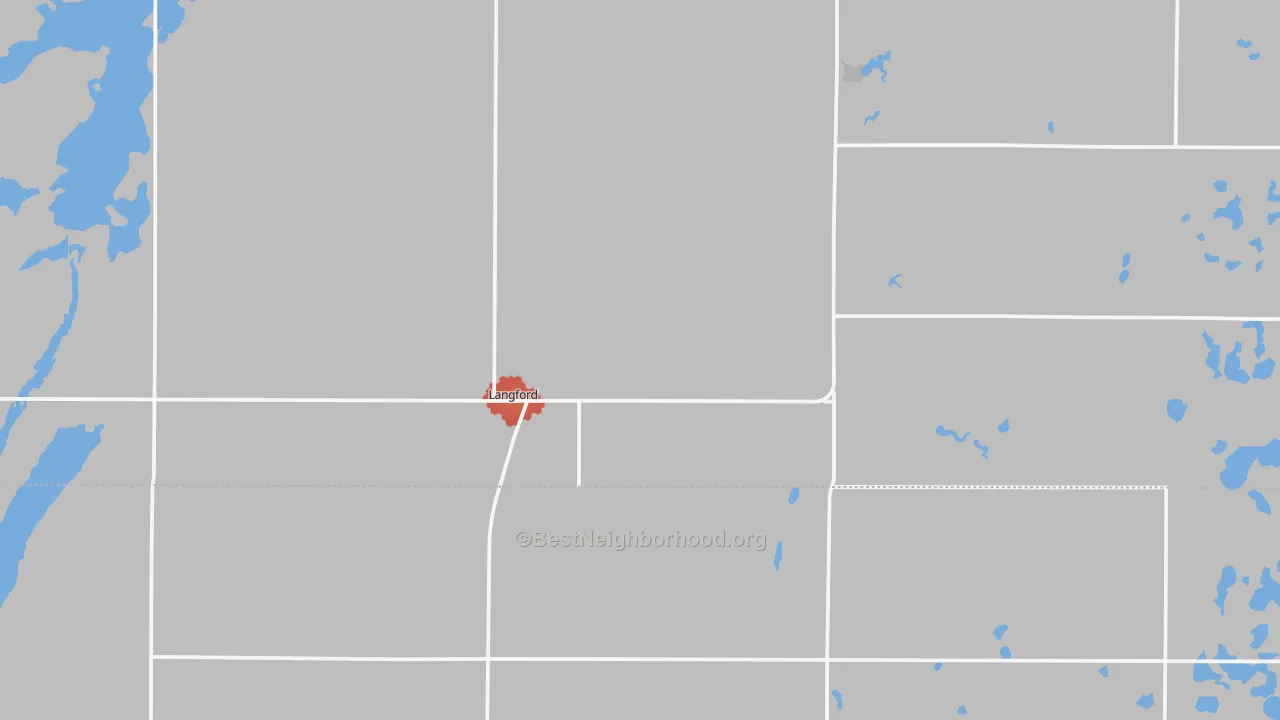Walk Grade map of 57454, SD, walkable areas in green and car-dependent areas in red