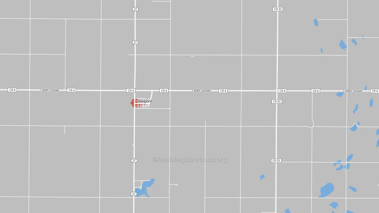 Walk Grade map of 57468, SD, walkable areas in green and car-dependent areas in red