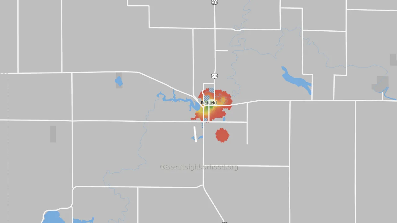 Walk Grade map of 57469, SD, walkable areas in green and car-dependent areas in red