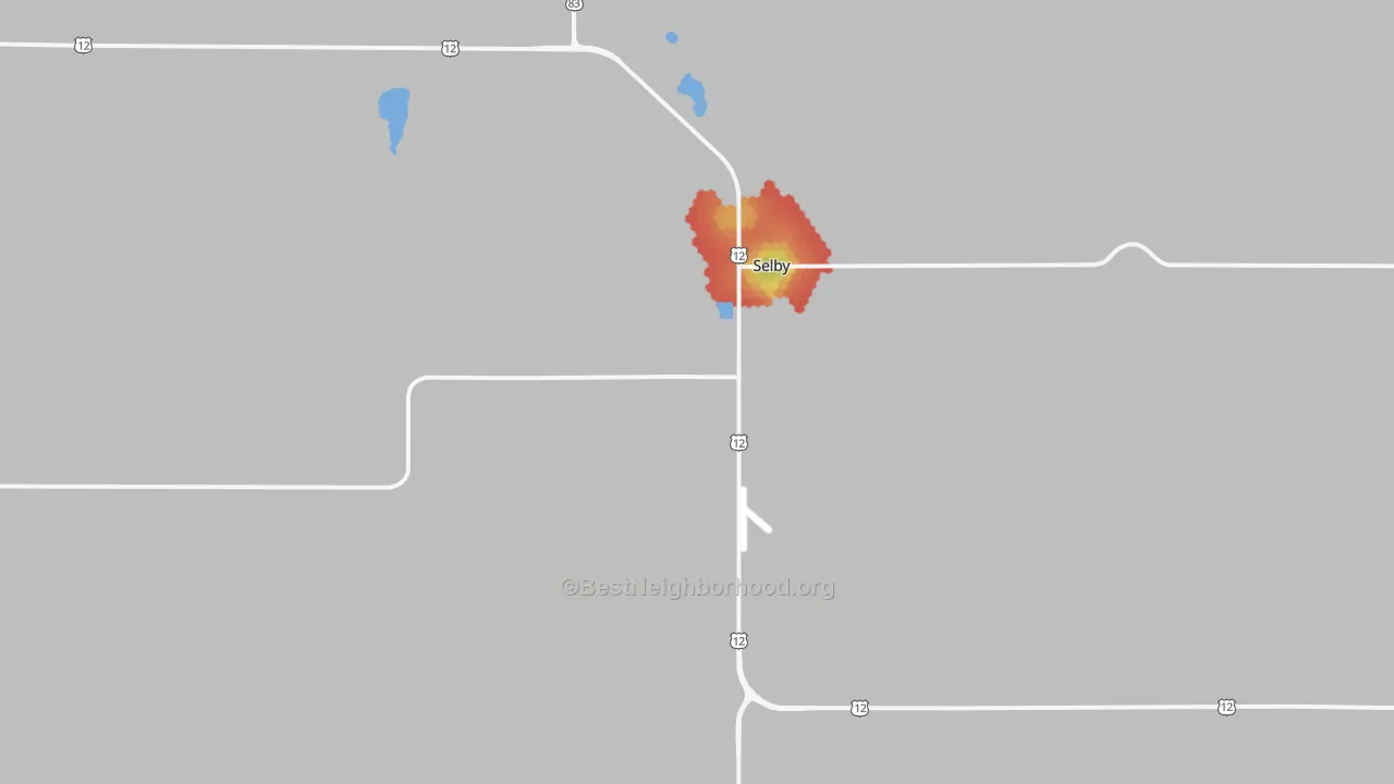 Walk Grade map of 57472, SD, walkable areas in green and car-dependent areas in red