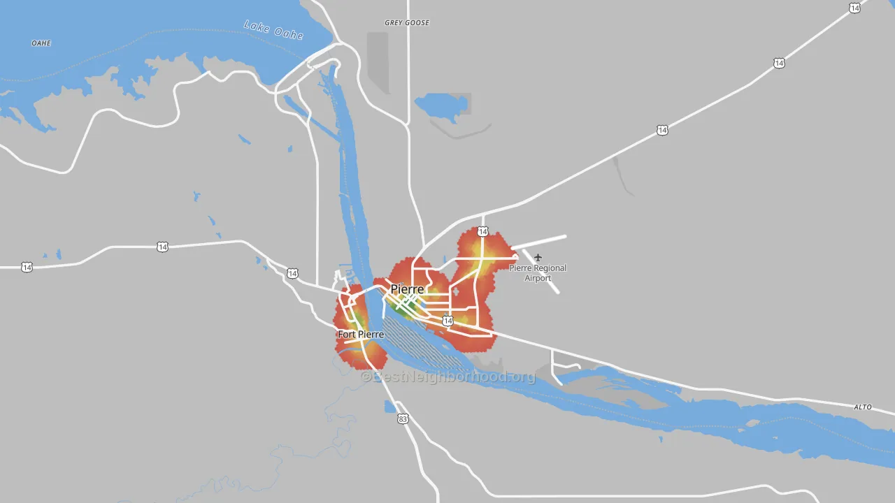 Walk Grade map of 57501, SD, walkable areas in green and car-dependent areas in red
