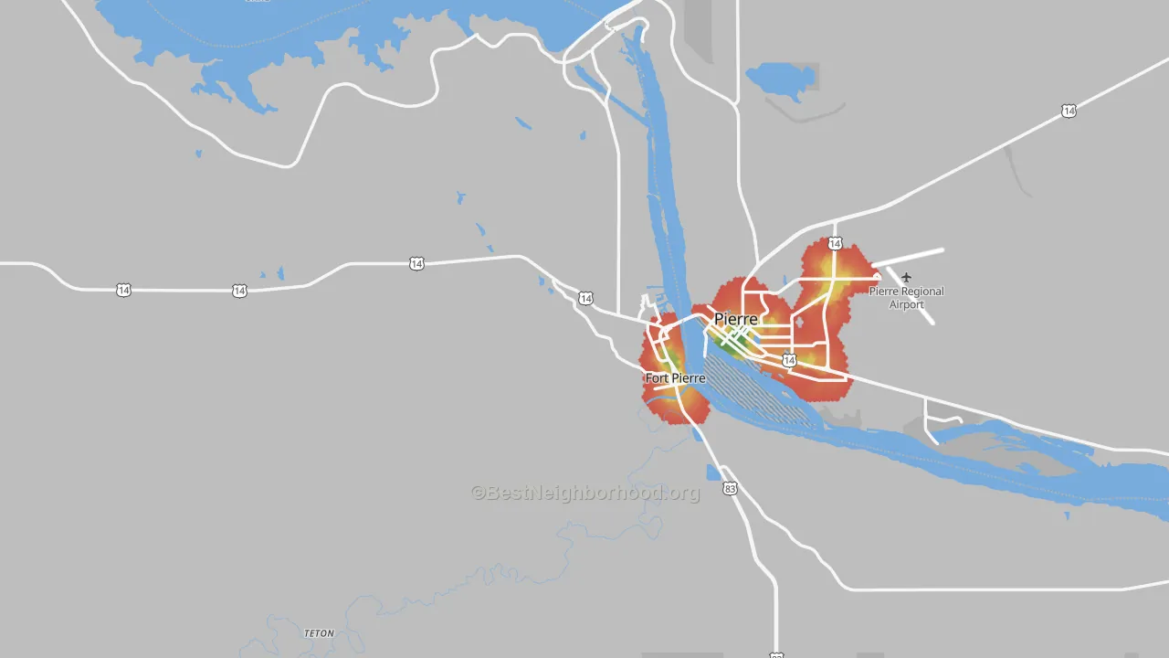 Walk Grade map of 57532, SD, walkable areas in green and car-dependent areas in red