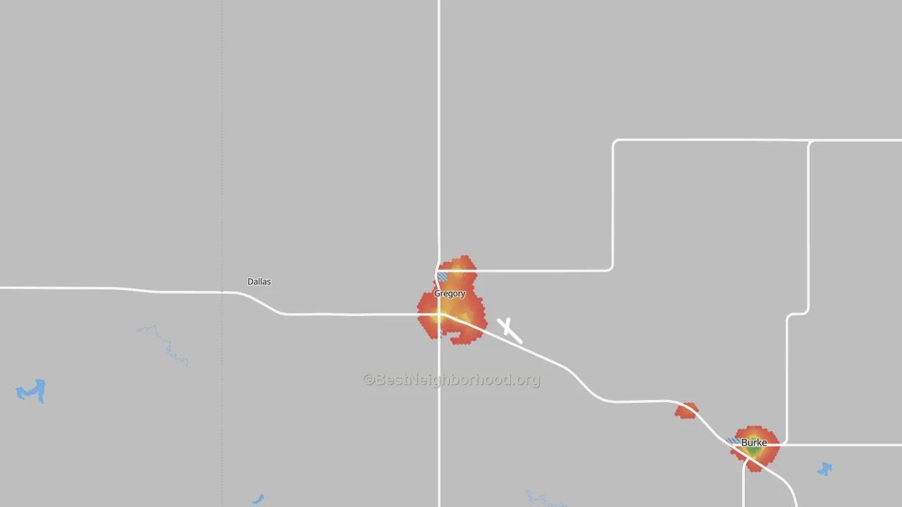 Walk Grade map of 57533, SD, walkable areas in green and car-dependent areas in red