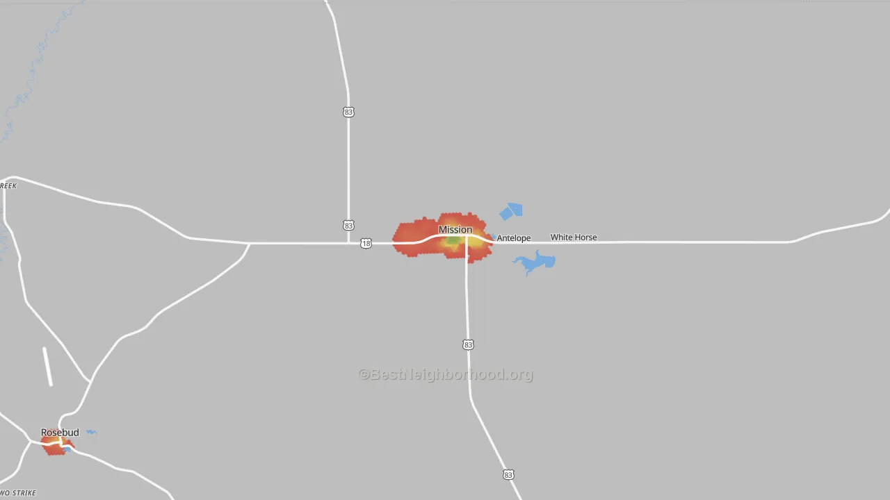Walk Grade map of 57555, SD, walkable areas in green and car-dependent areas in red