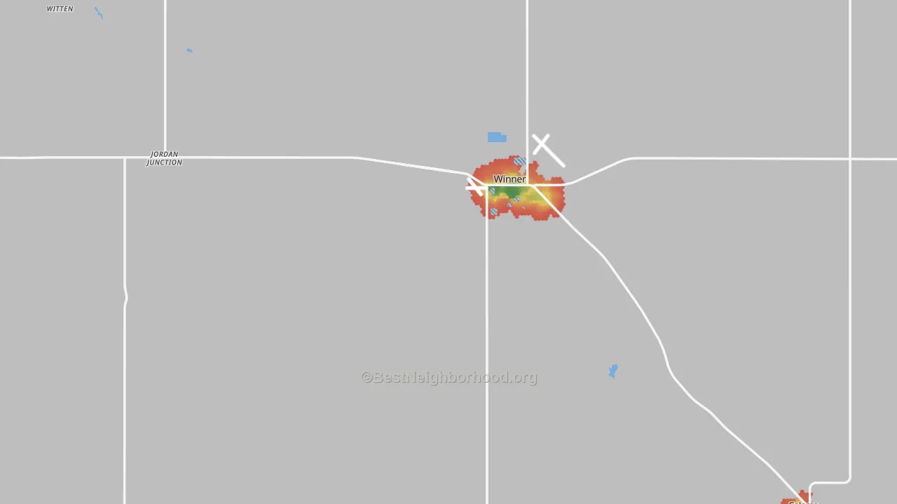 Walk Grade map of 57580, SD, walkable areas in green and car-dependent areas in red