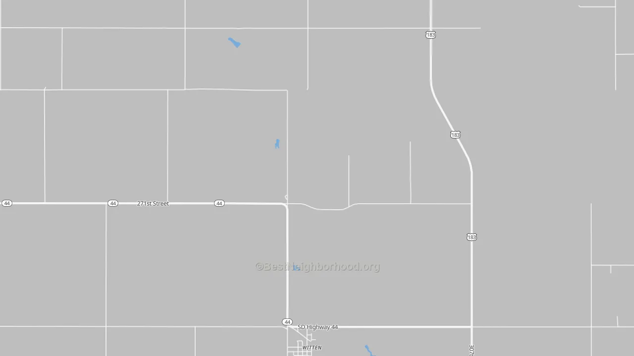 Walk Grade map of 57584, SD, walkable areas in green and car-dependent areas in red