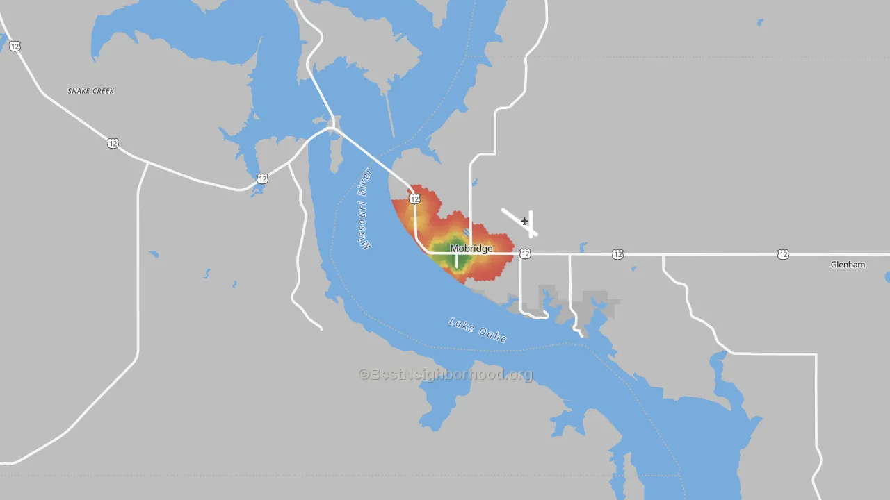 Walk Grade map of 57601, SD, walkable areas in green and car-dependent areas in red