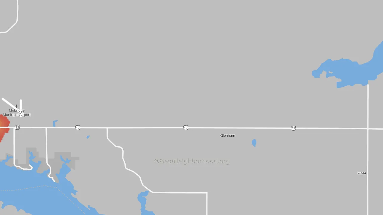 Walk Grade map of 57631, SD, walkable areas in green and car-dependent areas in red
