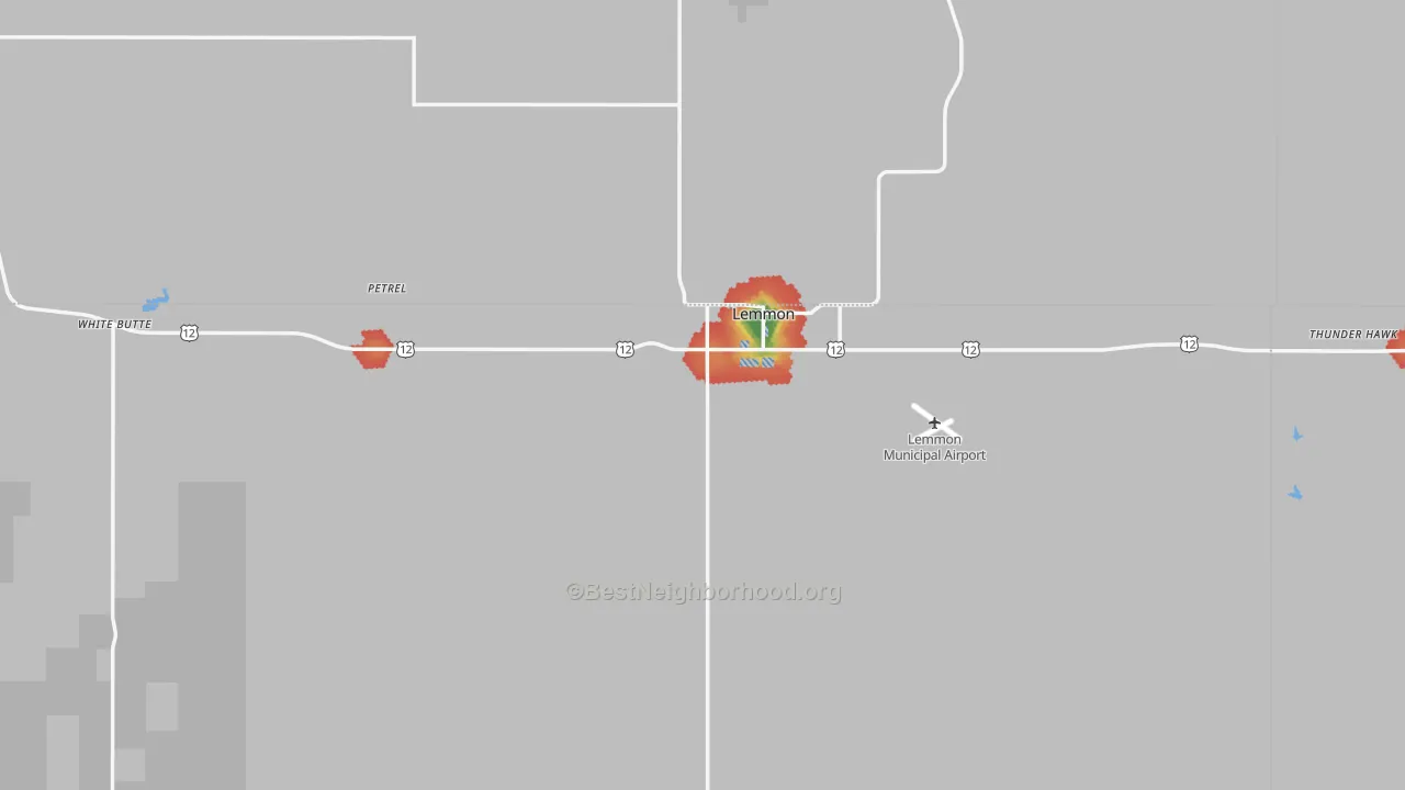 Walk Grade map of 57638, SD, walkable areas in green and car-dependent areas in red
