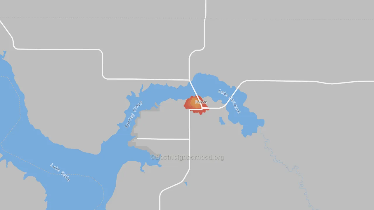 Walk Grade map of 57648, SD, walkable areas in green and car-dependent areas in red
