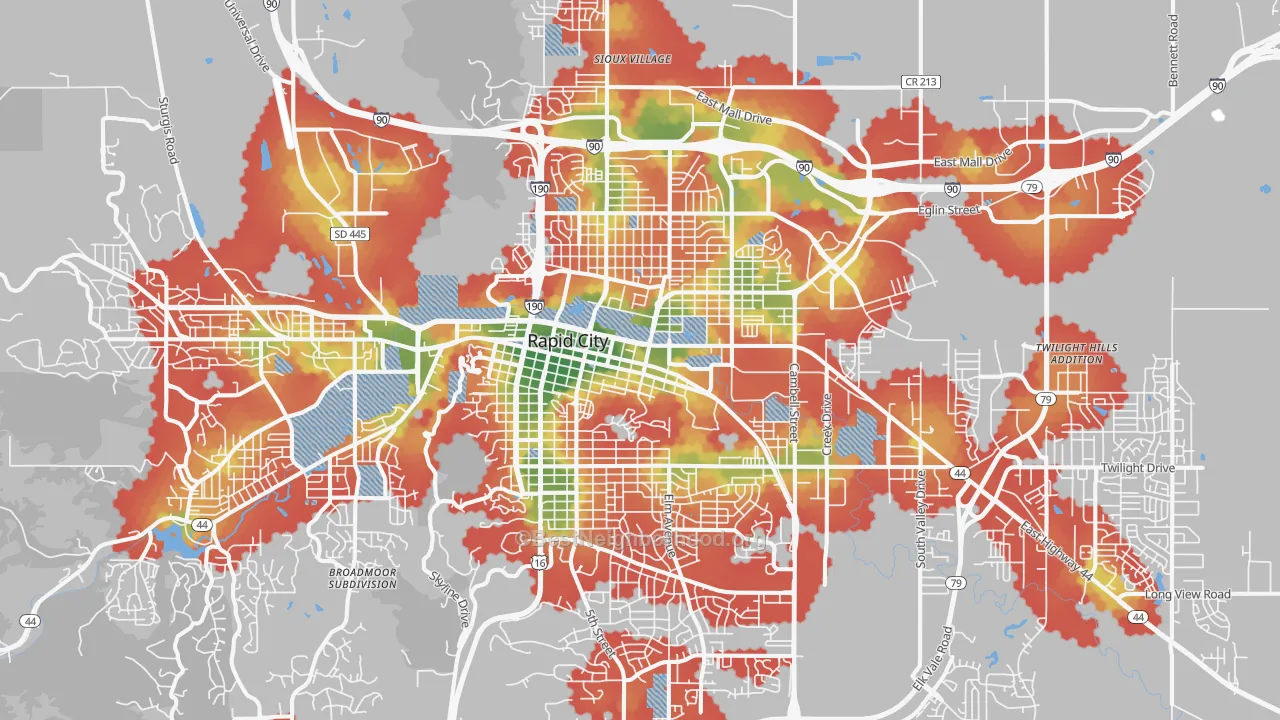 Walk Grade map of 57701, SD, walkable areas in green and car-dependent areas in red