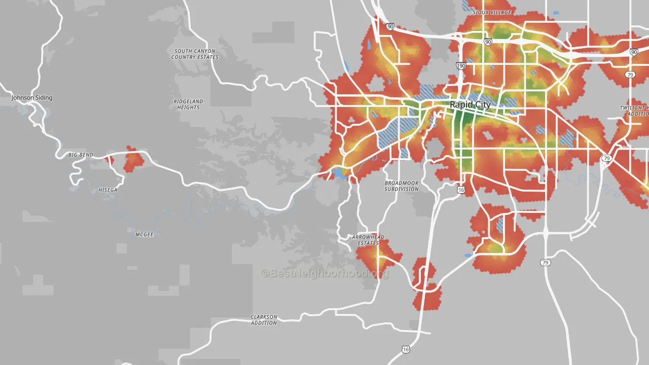 Walk Grade map of 57702, SD, walkable areas in green and car-dependent areas in red