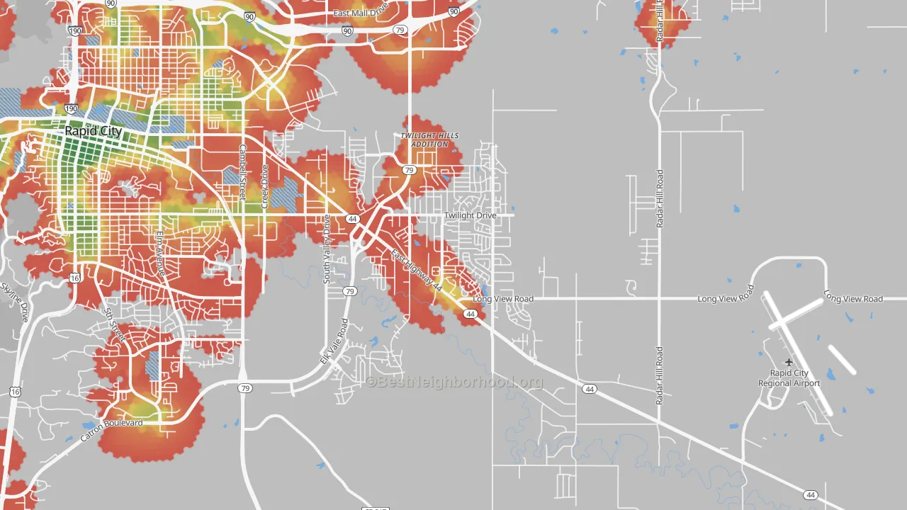 Walk Grade map of 57703, SD, walkable areas in green and car-dependent areas in red