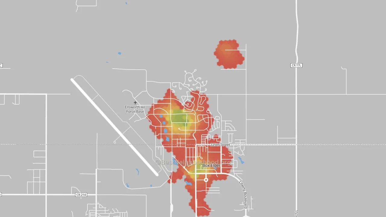 Walk Grade map of 57706, SD, walkable areas in green and car-dependent areas in red