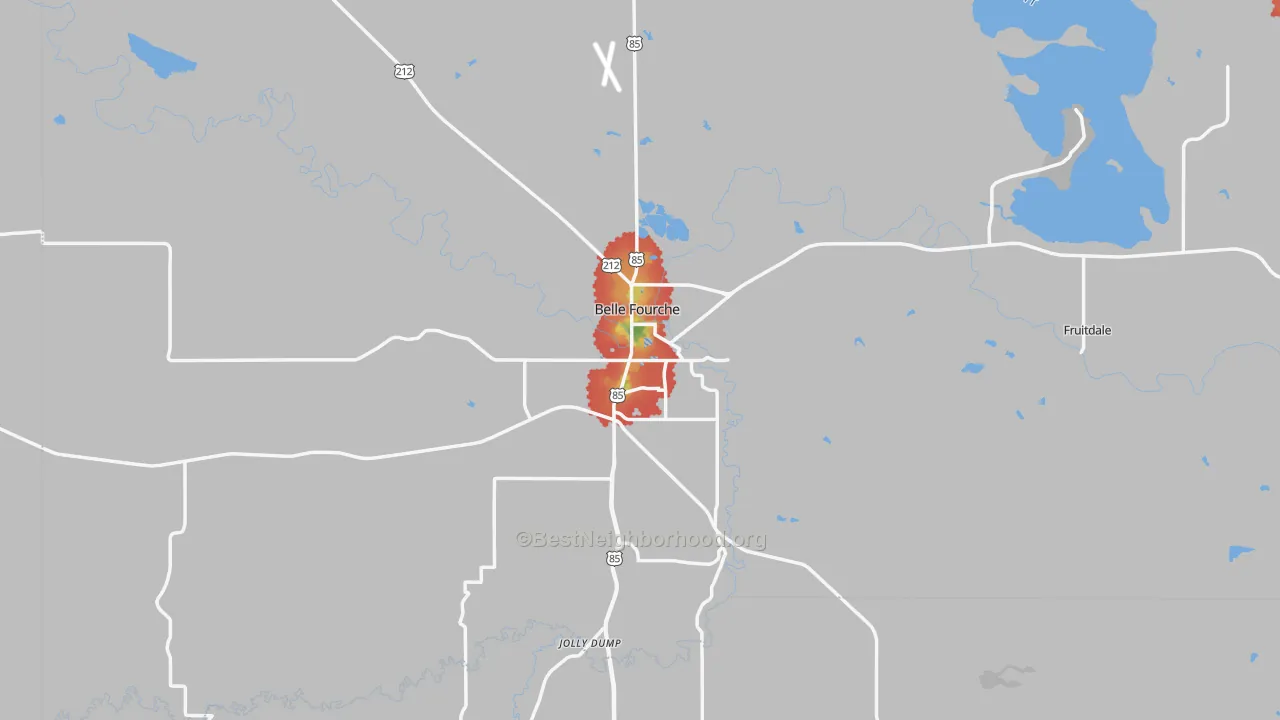 Walk Grade map of 57717, SD, walkable areas in green and car-dependent areas in red