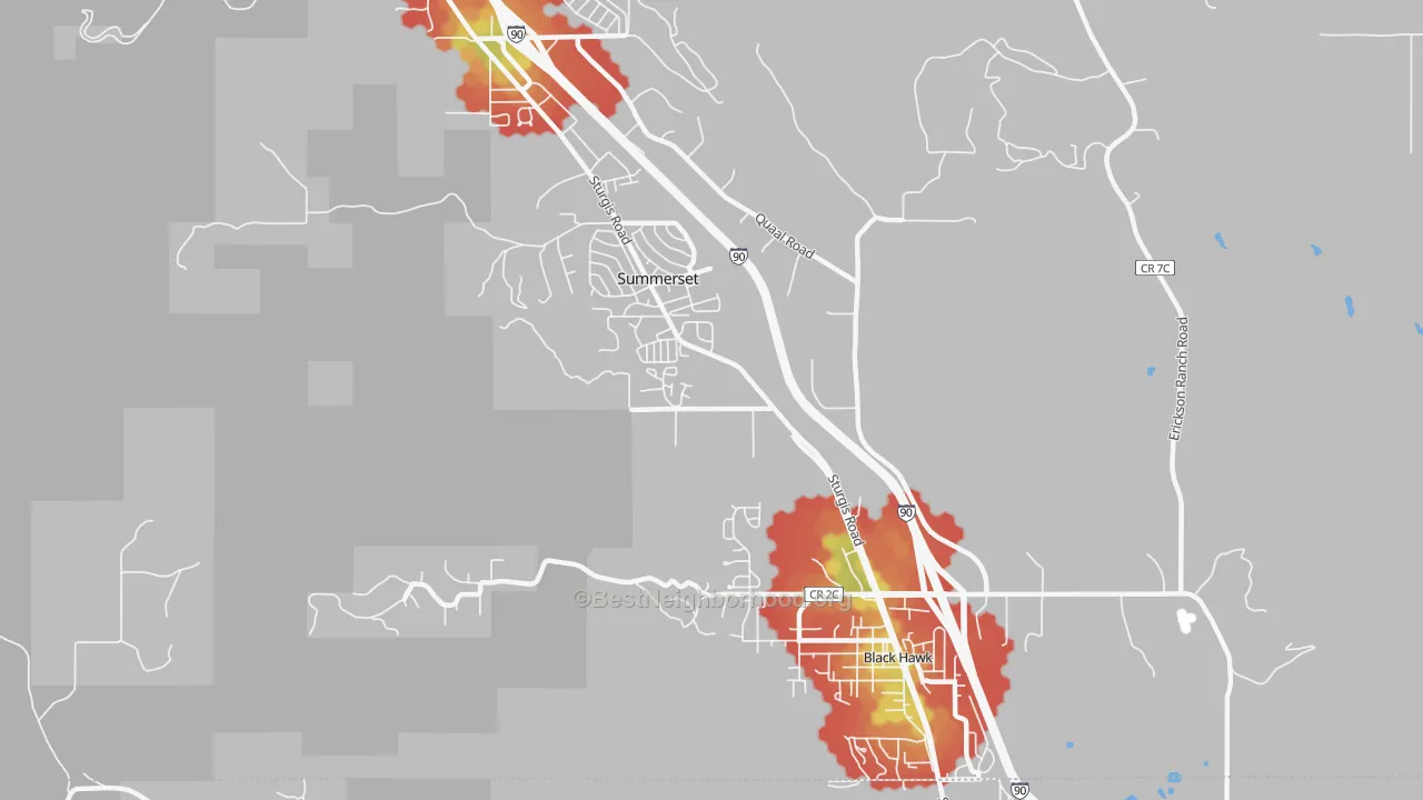 Walk Grade map of 57718, SD, walkable areas in green and car-dependent areas in red
