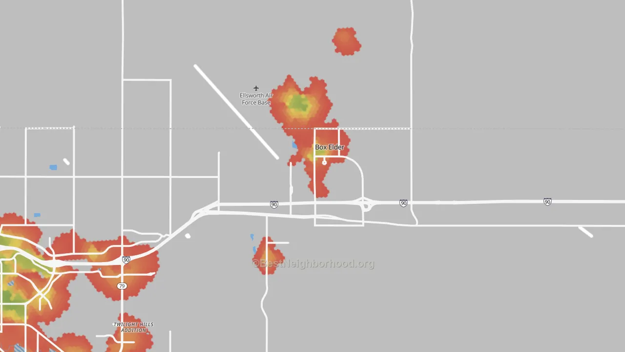Walk Grade map of 57719, SD, walkable areas in green and car-dependent areas in red