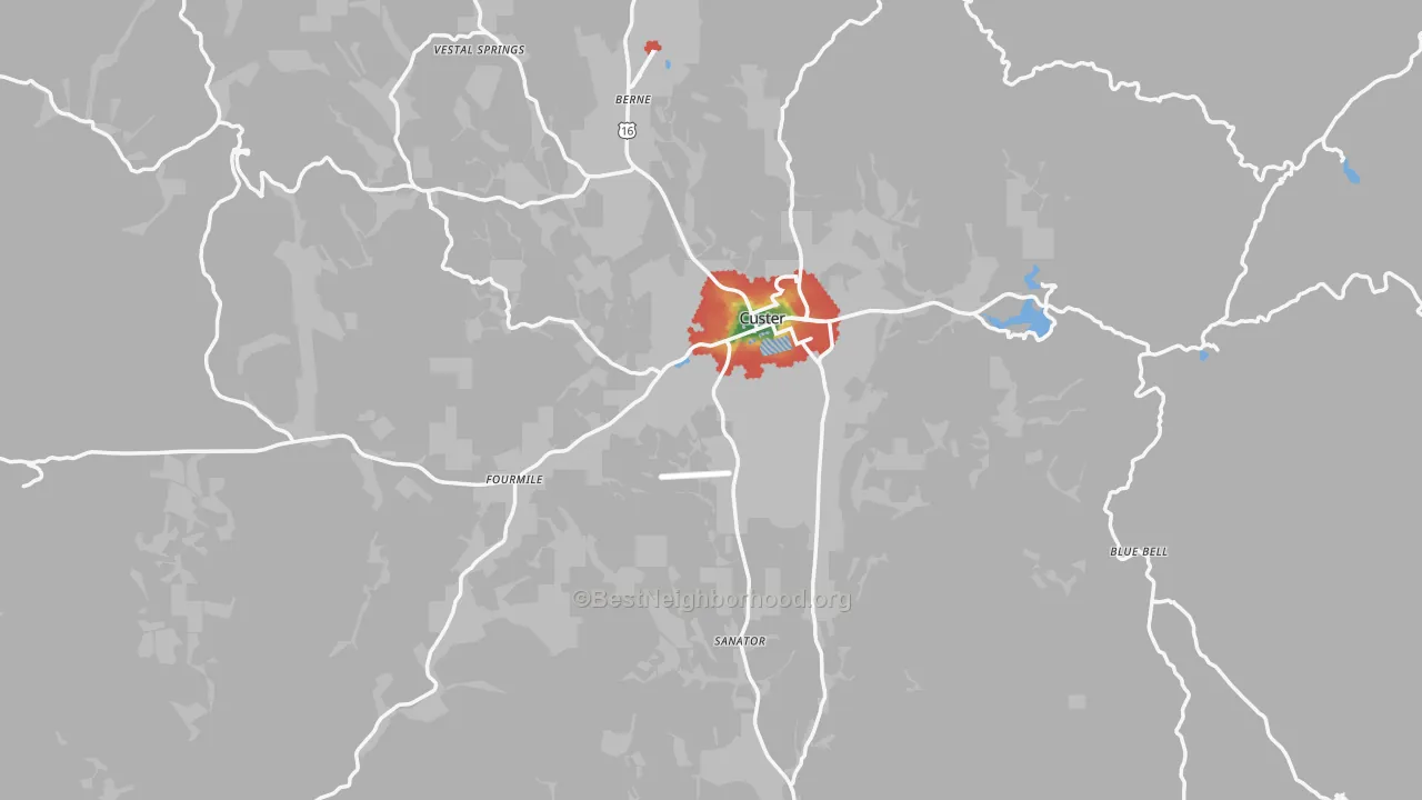 Walk Grade map of 57730, SD, walkable areas in green and car-dependent areas in red