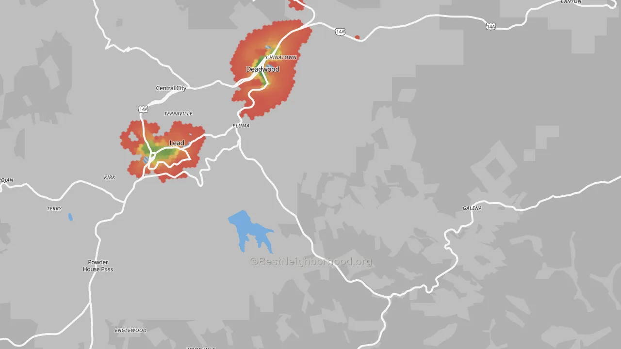 Walk Grade map of 57732, SD, walkable areas in green and car-dependent areas in red