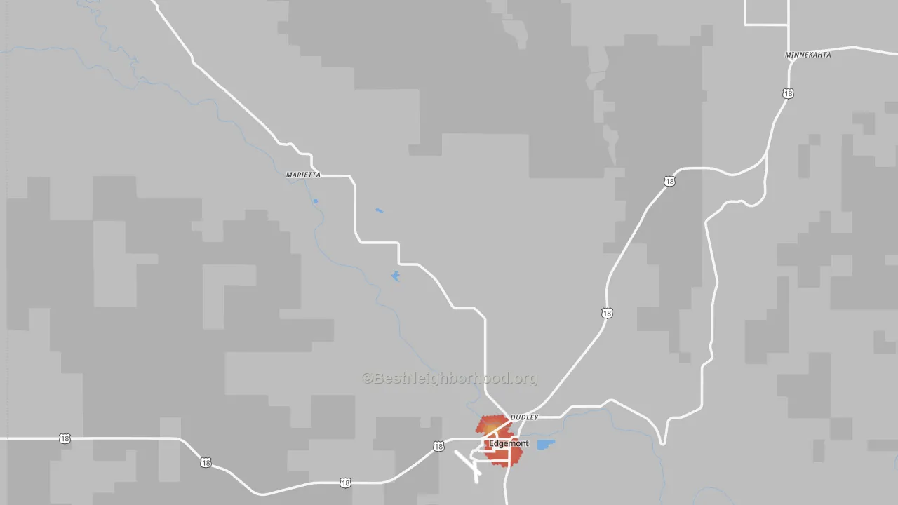 Walk Grade map of 57735, SD, walkable areas in green and car-dependent areas in red