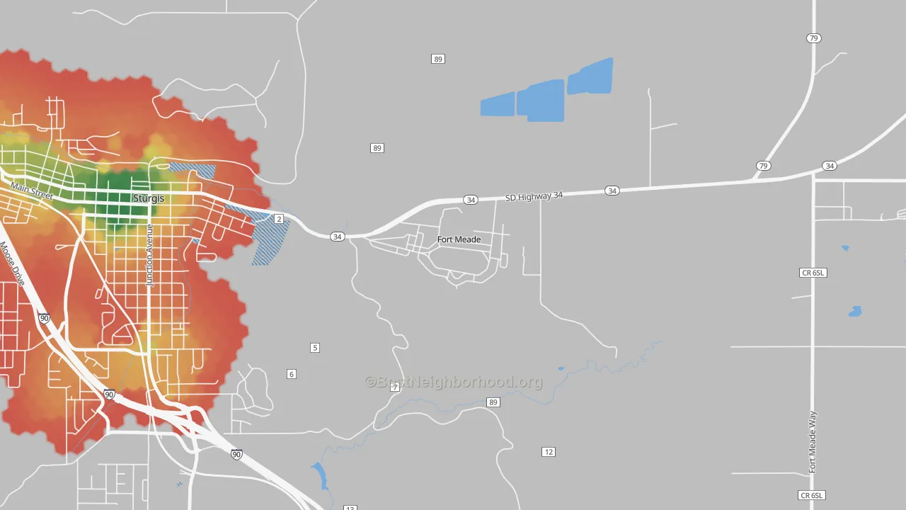 Walk Grade map of 57741, SD, walkable areas in green and car-dependent areas in red