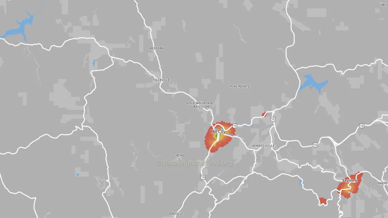 Walk Grade map of 57745, SD, walkable areas in green and car-dependent areas in red