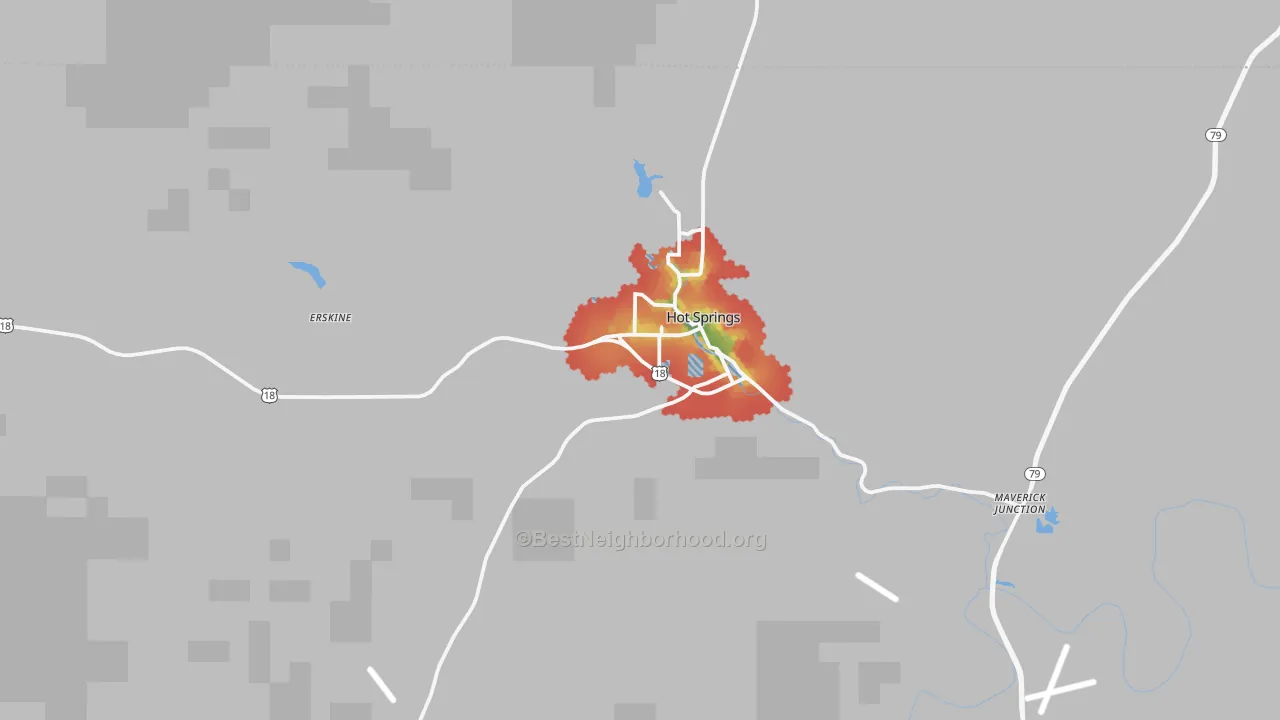 Walk Grade map of 57747, SD, walkable areas in green and car-dependent areas in red