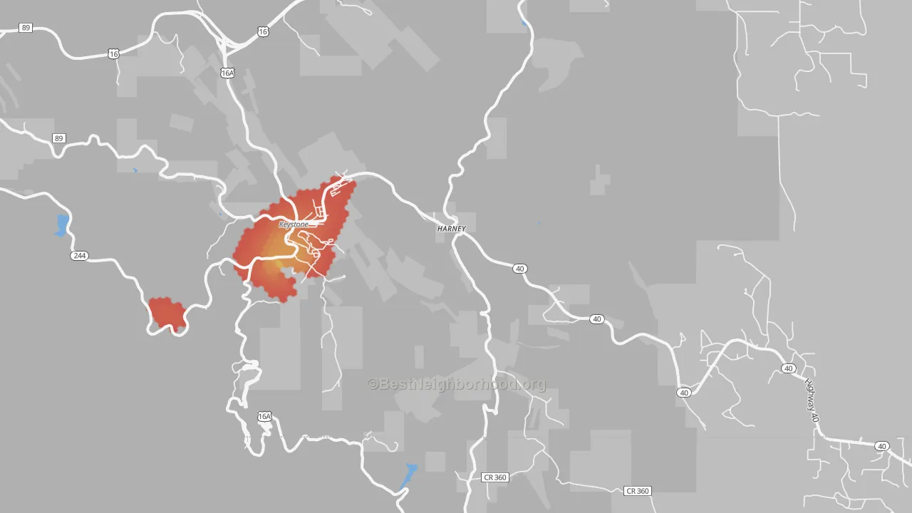 Walk Grade map of 57751, SD, walkable areas in green and car-dependent areas in red