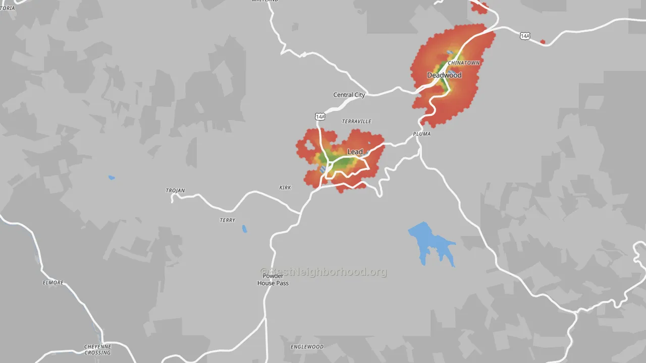 Walk Grade map of 57754, SD, walkable areas in green and car-dependent areas in red