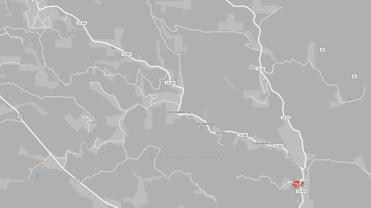 Walk Grade map of 57759, SD, walkable areas in green and car-dependent areas in red
