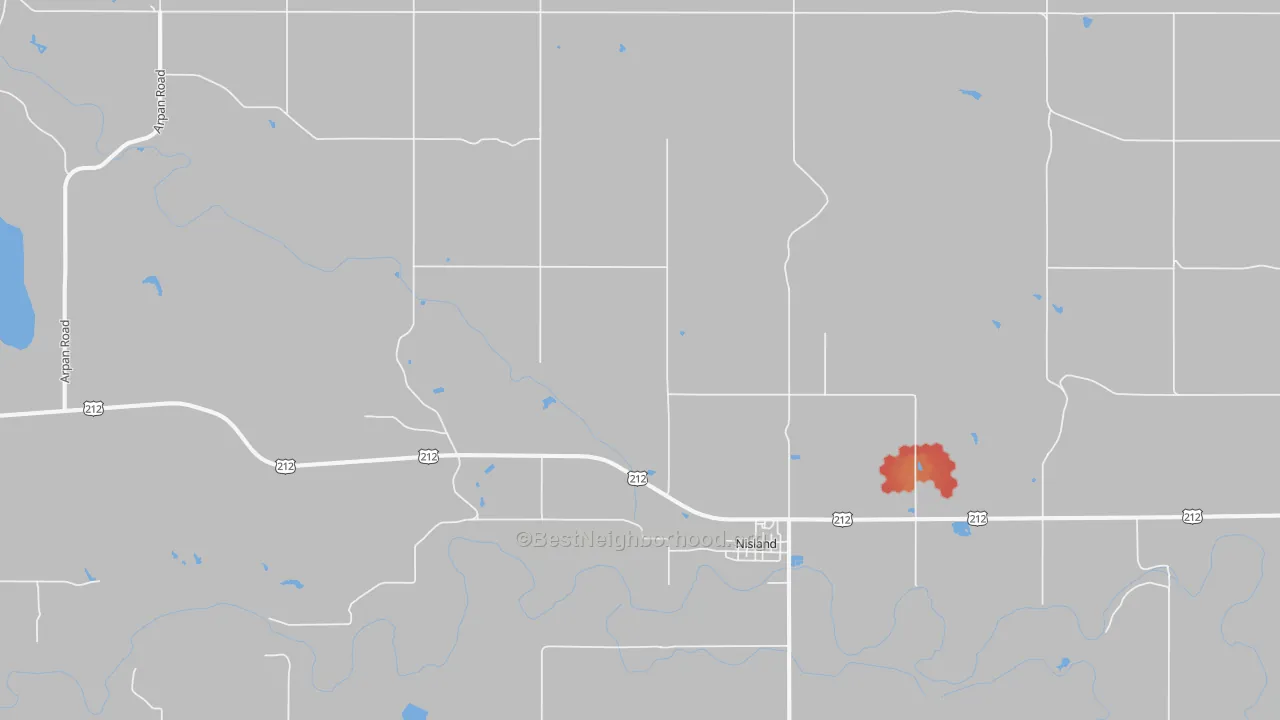 Walk Grade map of 57762, SD, walkable areas in green and car-dependent areas in red