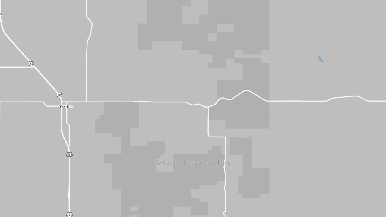 Walk Grade map of 57763, SD, walkable areas in green and car-dependent areas in red
