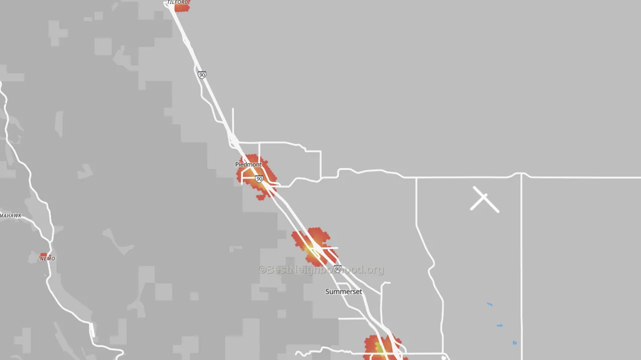 Walk Grade map of 57769, SD, walkable areas in green and car-dependent areas in red