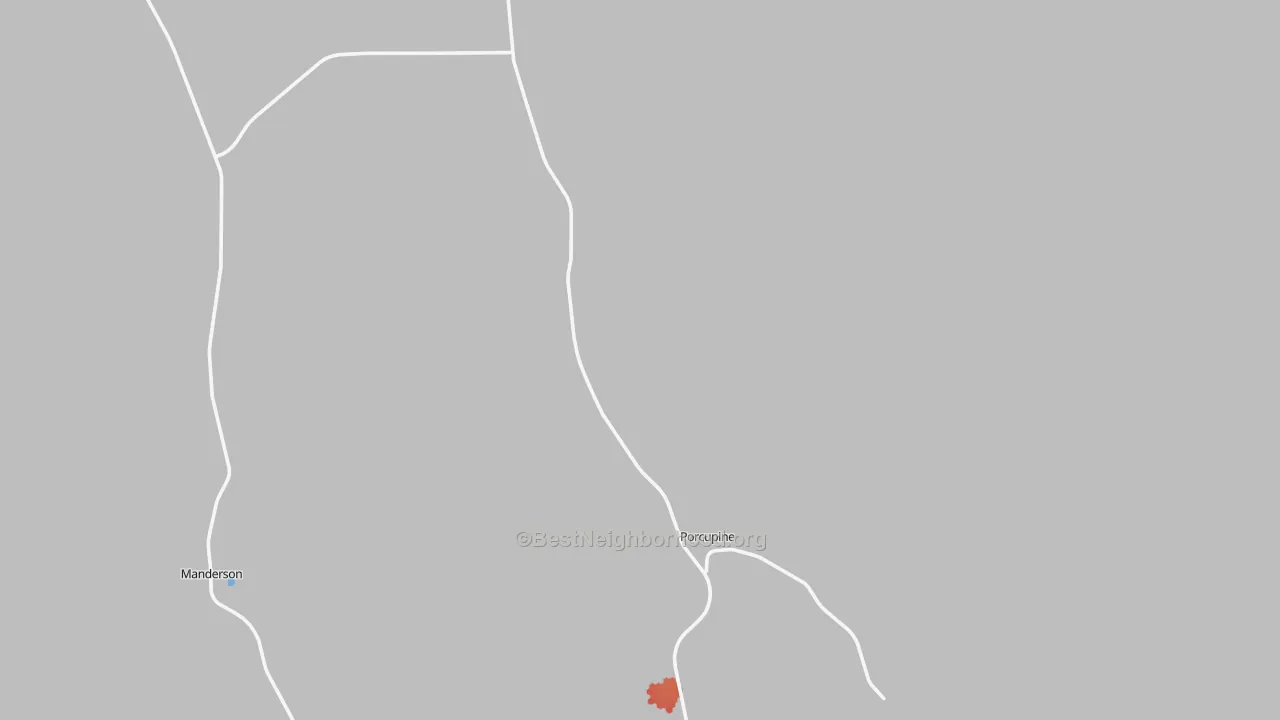 Walk Grade map of 57772, SD, walkable areas in green and car-dependent areas in red