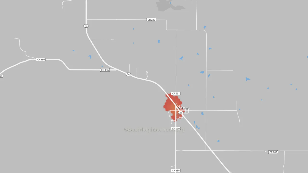 Walk Grade map of 57779, SD, walkable areas in green and car-dependent areas in red