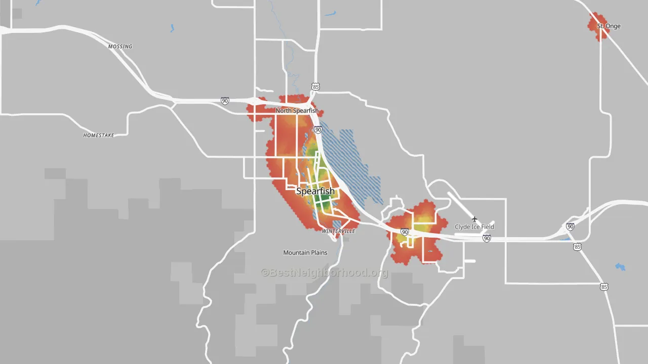 Walk Grade map of 57783, SD, walkable areas in green and car-dependent areas in red
