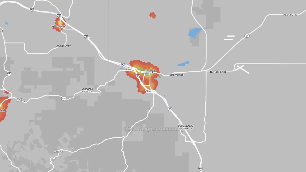 Walk Grade map of 57785, SD, walkable areas in green and car-dependent areas in red
