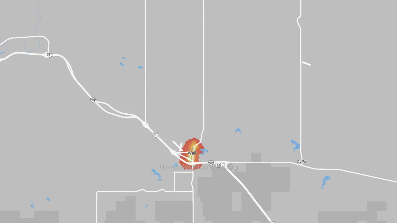 Walk Grade map of 57790, SD, walkable areas in green and car-dependent areas in red