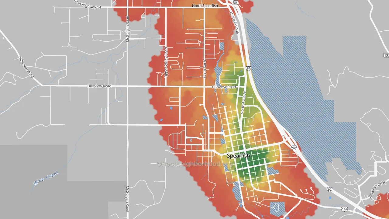 Walk Grade map of 57799, SD, walkable areas in green and car-dependent areas in red