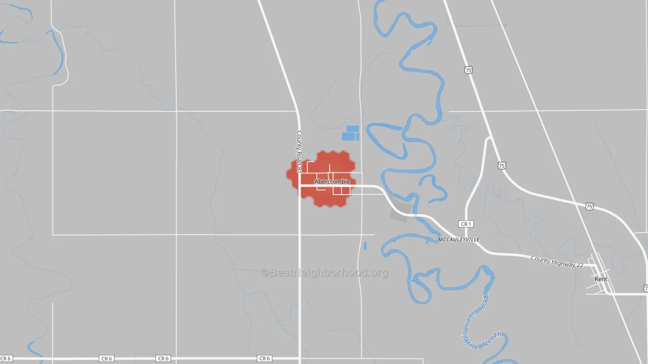 Walk Grade map of 58001, ND, walkable areas in green and car-dependent areas in red