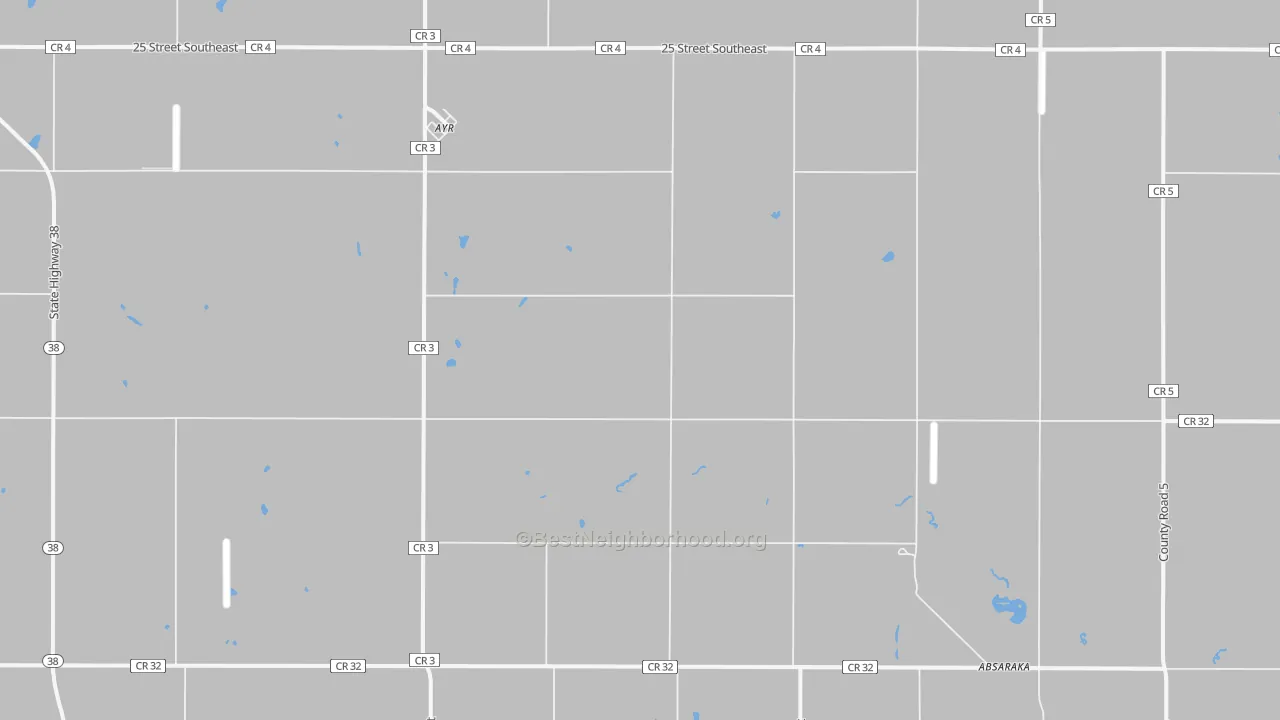 Walk Grade map of 58007, ND, walkable areas in green and car-dependent areas in red