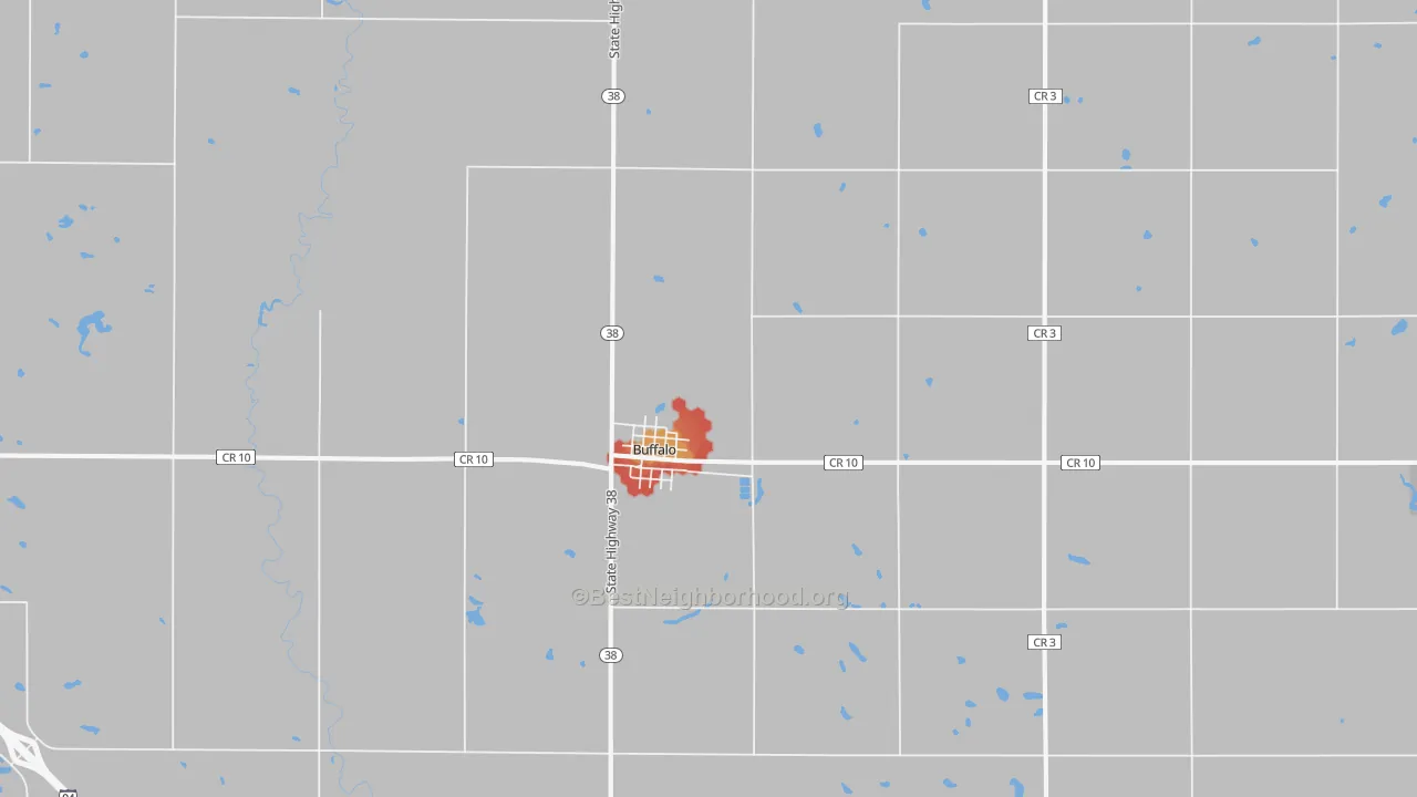 Walk Grade map of 58011, ND, walkable areas in green and car-dependent areas in red