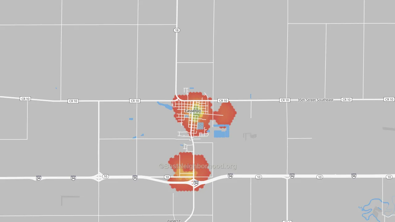 Walk Grade map of 58012, ND, walkable areas in green and car-dependent areas in red