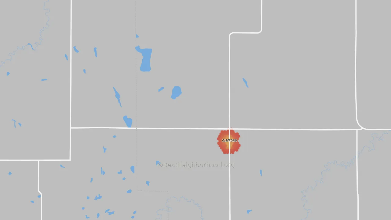 Walk Grade map of 58016, ND, walkable areas in green and car-dependent areas in red