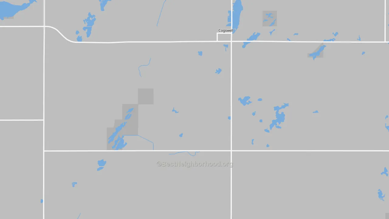 Walk Grade map of 58017, ND, walkable areas in green and car-dependent areas in red