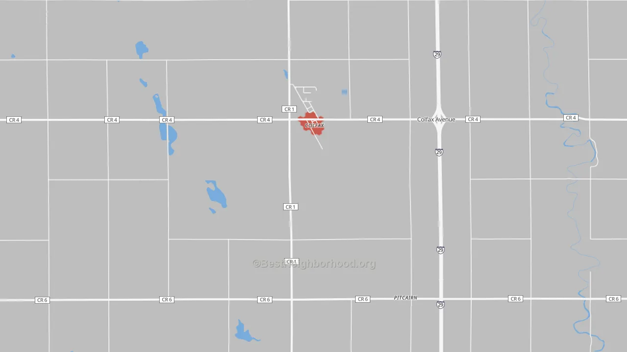 Walk Grade map of 58018, ND, walkable areas in green and car-dependent areas in red